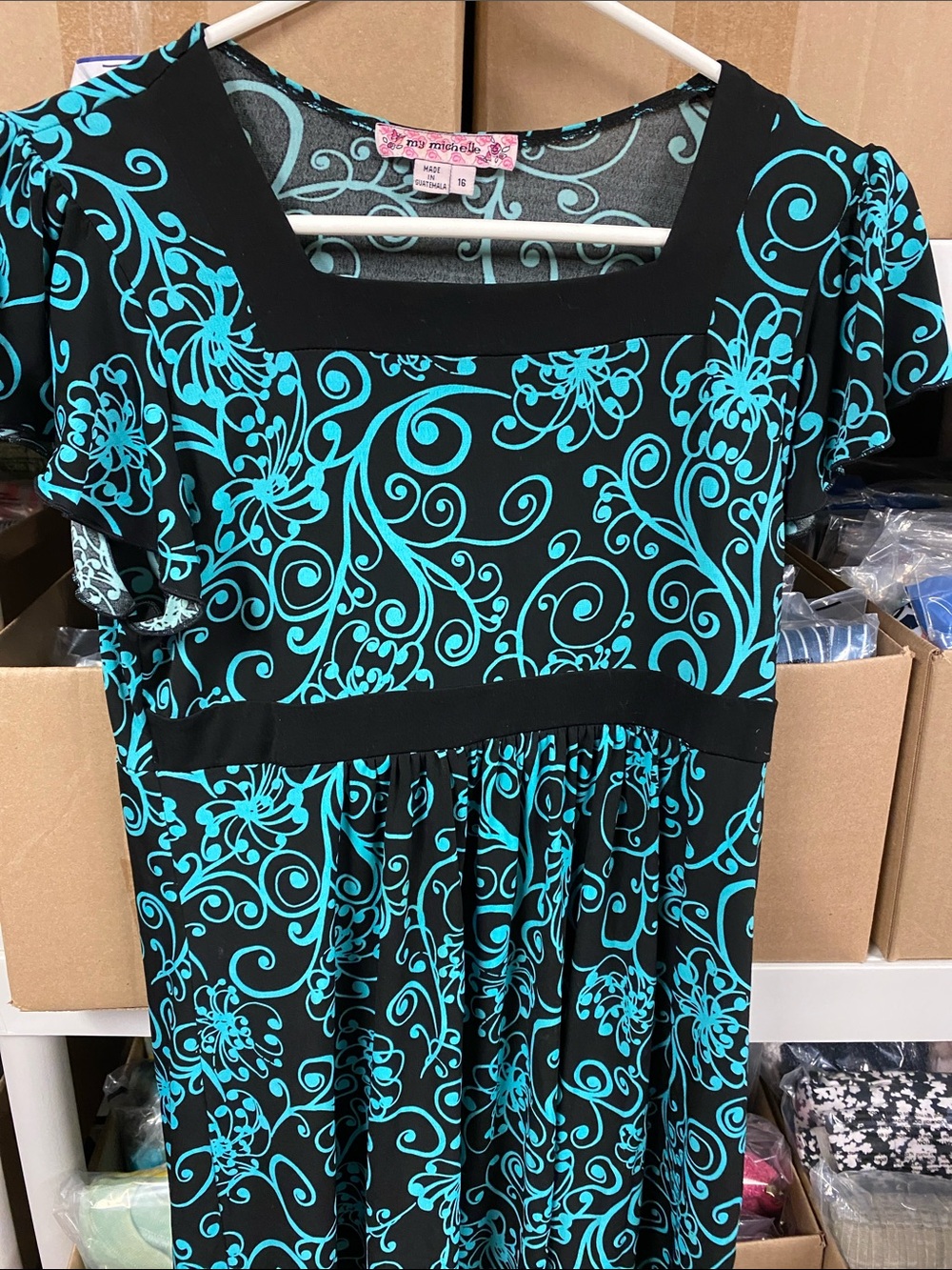 My Michelle Black Dress with Turquoise Floral Swirl Print size 16